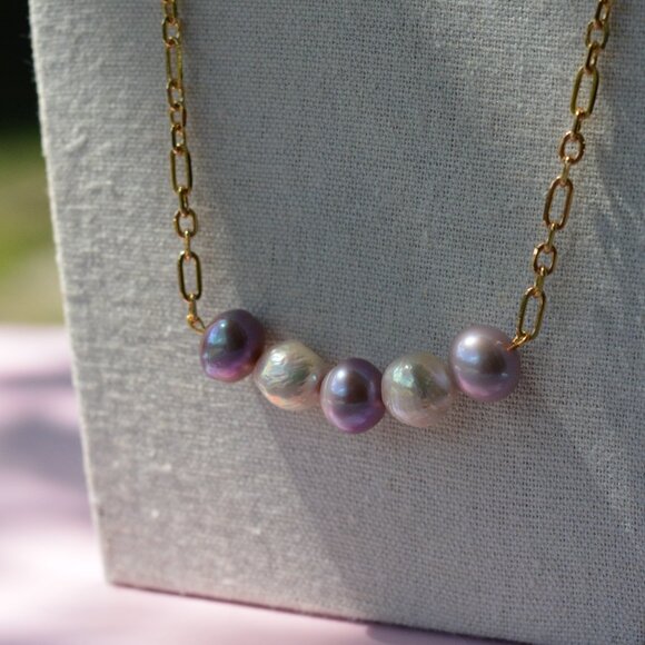 24.5" Natural Purple & White Edison Pearl Necklace – Gold Plated Chain - Picture 4 of 7